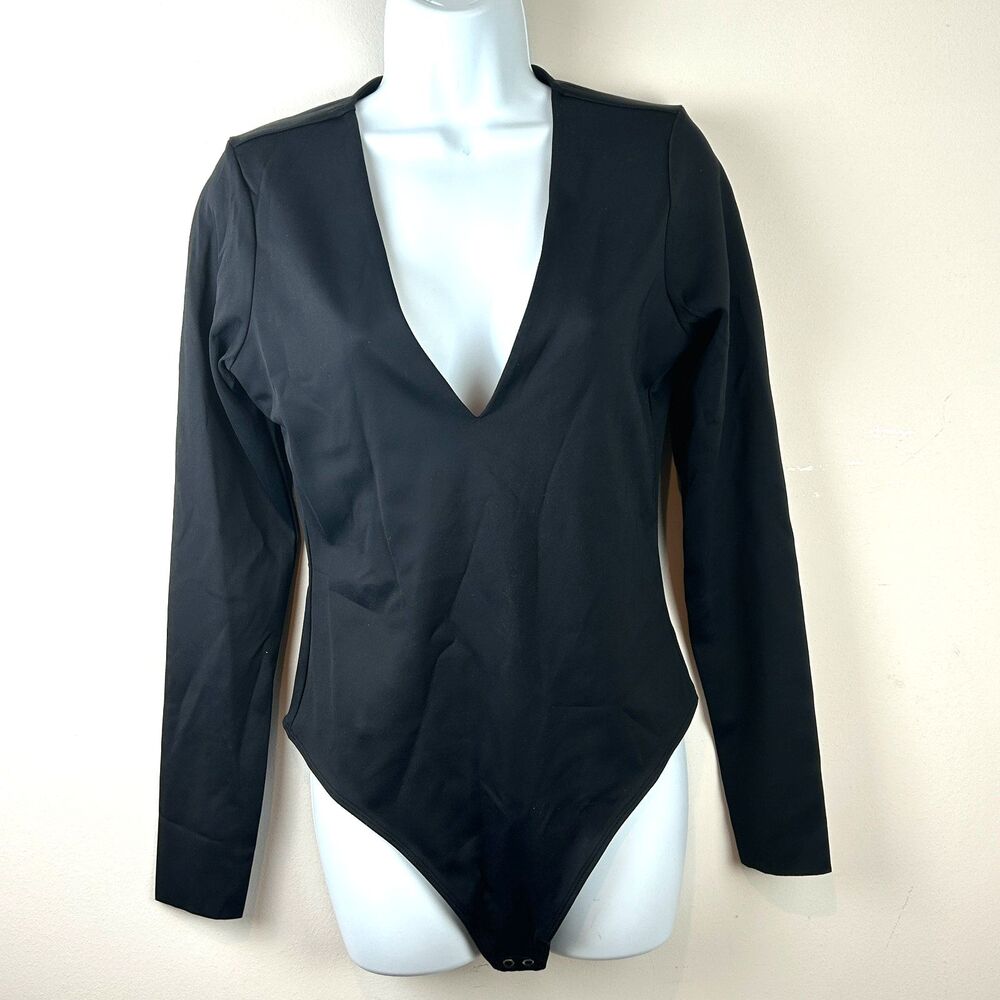 Good American Black Deep V Neck Long Sleeve Thong Bodysuit Size L New